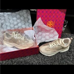 Tory Burch Women's Good Luck Trainer Beige and Cream Sneakers